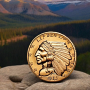 Pre33 $5 Indian Half Eagle Gold Coin on a rocky mountains backdrop